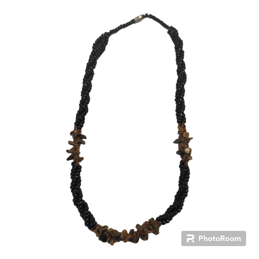 VTG Onyx Seed Beads & Tigers Eye Stone Chips 3 Strand Twist Torsade Necklace 20"